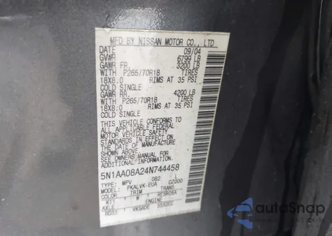 2004 Nissan Pathfinder Armada Le from USA, damaged, VIN 5N1AA08A24N744458